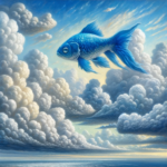 DALL·E 2024-01-17 12.40.57 – A surreal and imaginative depiction of a blue fish in a cloudy sky, rendered in the style of an oil painting. The fish is gracefully swimming through