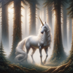 DALL·E 2024-01-24 22.13.00 – An oil painting of a majestic unicorn standing in a misty forest. The unicorn is white with a shimmering mane and tail, and a long, spiraled horn on i