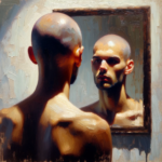 DALL·E 2024-01-24 22.46.15 – A realistic oil painting of a person with a shaved head looking into a mirror. The painting should capture the reflection of the person’s face and sha