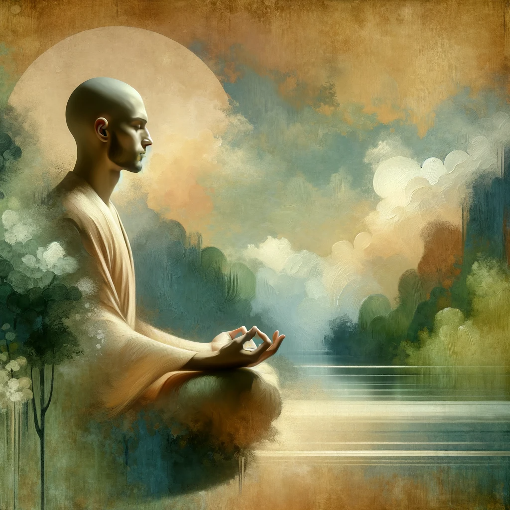 DALL·E 2024 01 24 22.47.02 A Serene And Peaceful Scene Depicting A Person With A Shaved Head Meditating In A Tranquil Environment. The Person Is Sitting Cross Legged With Their 