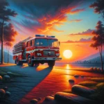 DALL·E 2024-02-06 19.04.51 – A vivid oil painting capturing a moment of serene beauty as a fire truck stands against the backdrop of a breathtaking sunset. The scene is meticulous