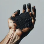 DALL·E 2024-02-06 21.27.41 – A realistic, oil painting style depiction of a hand holding black soil, capturing the rich texture and darkness of the soil contrasted against the ski