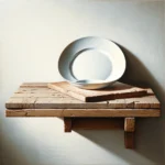 DALL·E 2024-02-06 21.38.42 – An oil painting of a white plate resting on a wooden shelf, meticulously capturing the natural textures and colors. The composition focuses on the rea