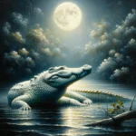DALL·E 2024-02-07 20.01.52 – A majestic white crocodile basks in the serene glow of moonlight on a quiet riverbank. The scene captures the crocodile in its natural size, surrounde