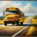 DALL·E 2024-02-17 12.05.49 – A realistic oil painting of a yellow school bus traveling on an open road. The scene captures the essence of a bright, sunny day, with the road stretc