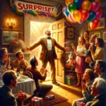 DALL·E 2024-02-25 10.43.22 – An oil painting depicting the moment a man opens the door to a surprise party in his honor. The scene is set in a warmly lit room filled with friends