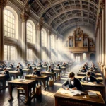 DALL·E 2024-03-28 21.29.24 – An oil painting illustrating the moment of a Gymnasium Entrance Exam in a historic European Gymnasium setting. The scene unfolds within a grand, class